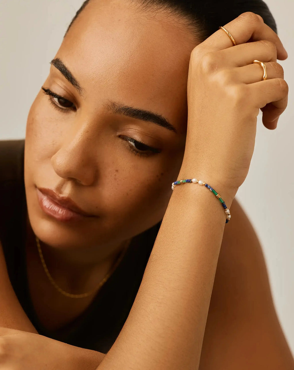 Beaded Gemstone & Pearl Bracelet | 18ct Gold Plated/Lagoon Blue