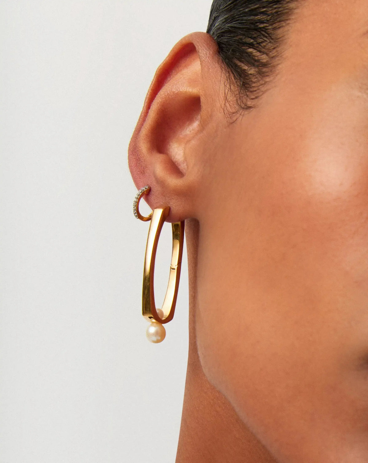 Button Pearl Ovate Hoop Earrings | 18ct Gold Plated/Pearl