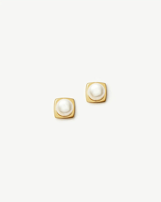 Button Pearl Square Stud Earrings | 18ct Gold Plated/Pearl