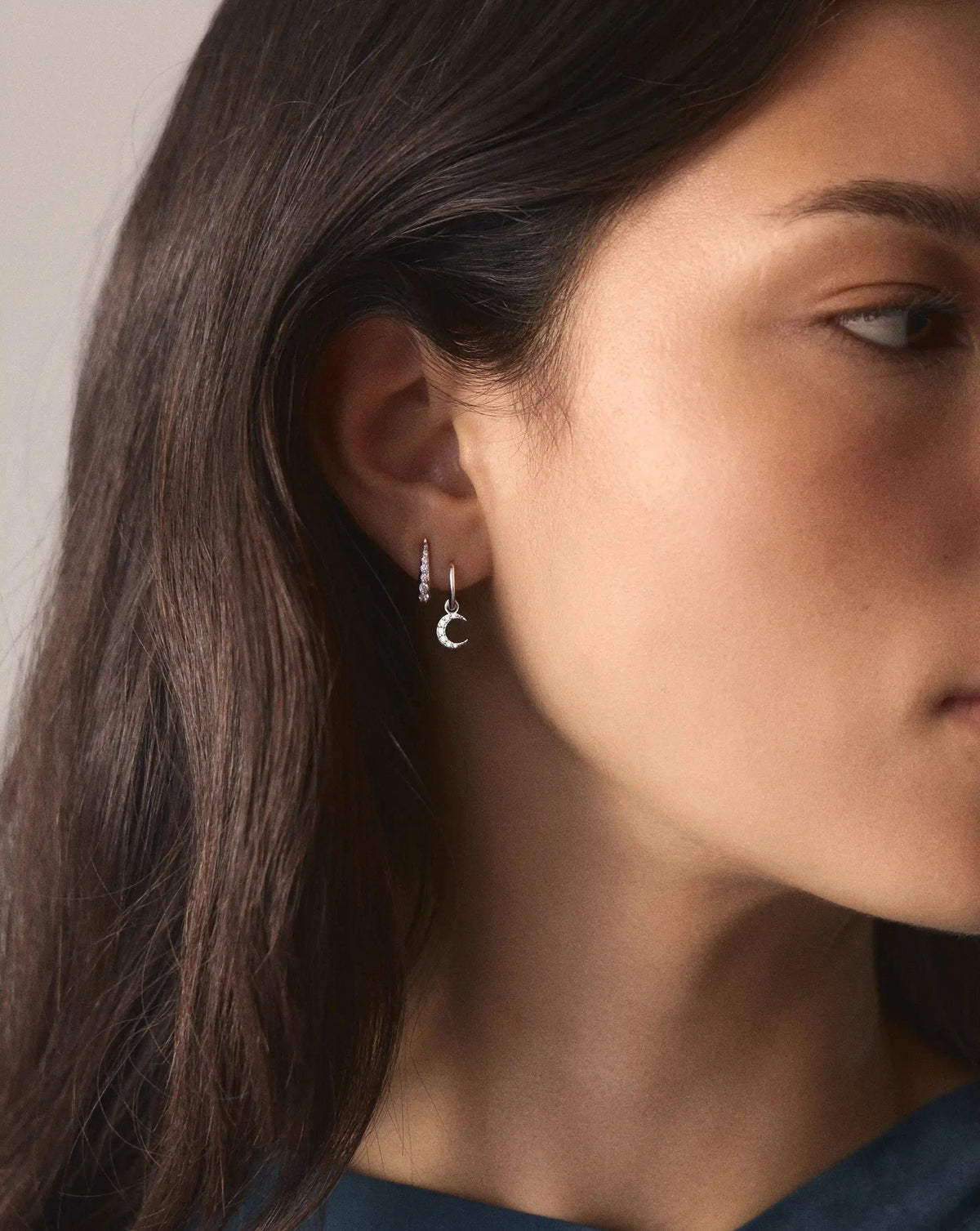 Crescent Moon Mini Charm Hoop Earrings | Silver Plated/Cubic Zirconia