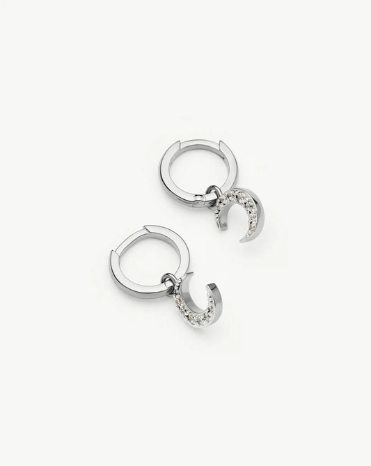 Crescent Moon Mini Charm Hoop Earrings | Silver Plated/Cubic Zirconia