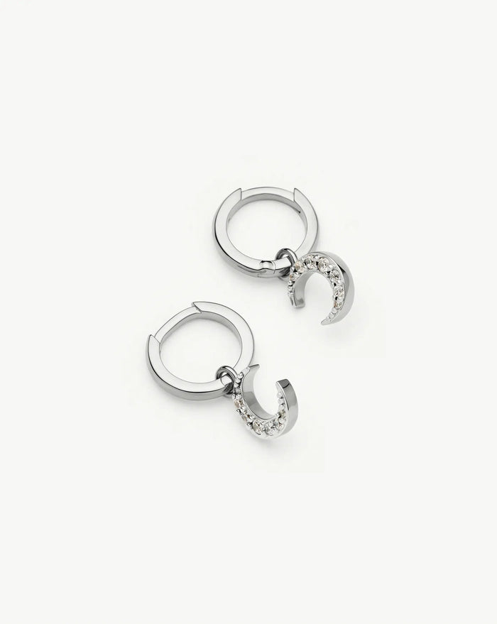 Crescent Moon Mini Charm Hoop Earrings | Silver Plated/Cubic Zirconia