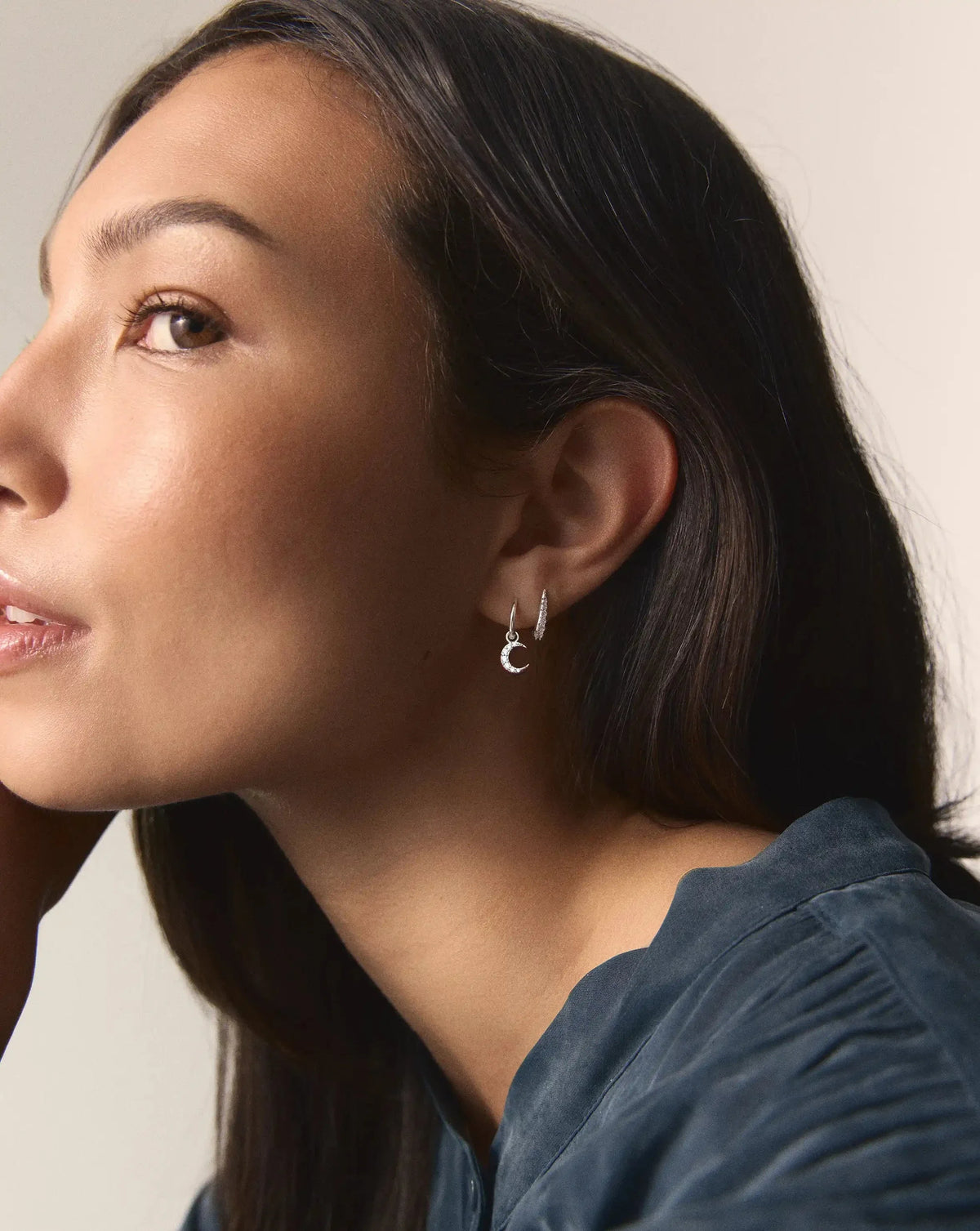Crescent Moon Mini Charm Hoop Earrings | Silver Plated/Cubic Zirconia