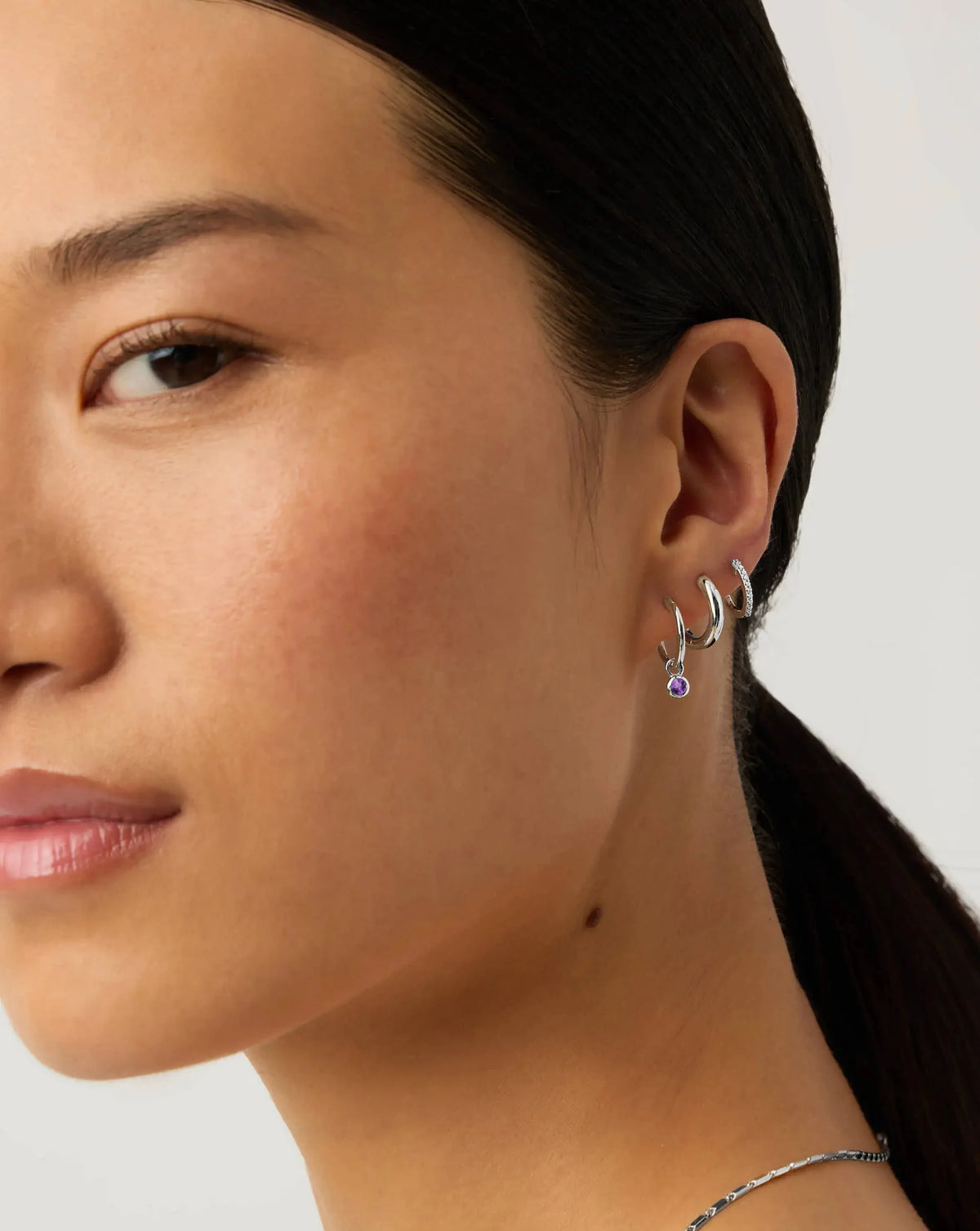 February Birthstone Mini Charm Hoop Earrings | Silver Plated/Amethyst