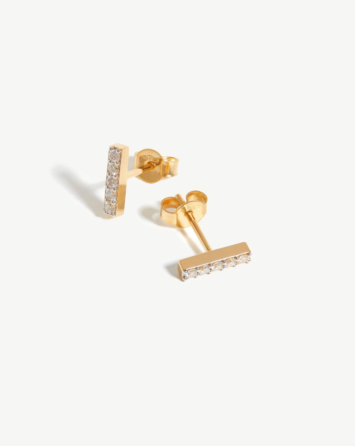 Solid Gold Diamond Bar Stud Earrings | 9ct Solid Yellow Gold/Diamond