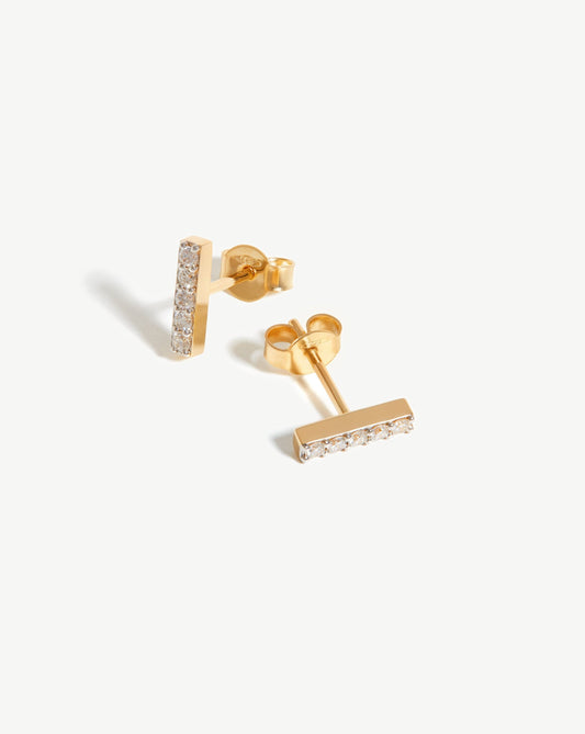 Solid Gold Diamond Bar Stud Earrings | 9ct Solid Yellow Gold/Diamond