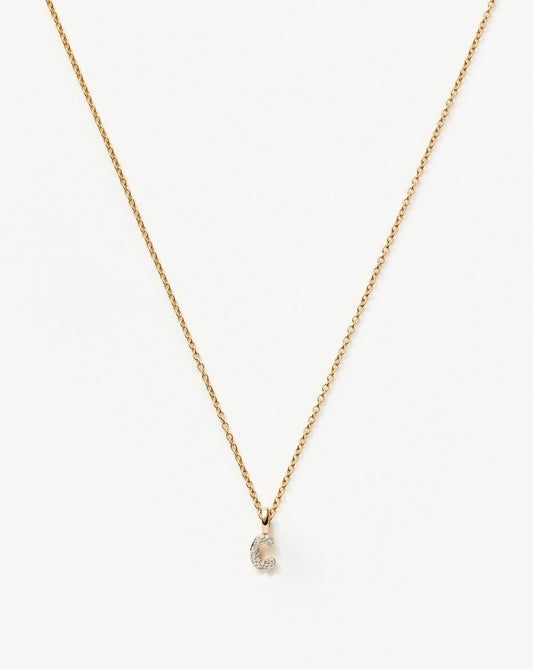 Solid Gold Diamond Initial Mini Pendant Necklace - C| 14ct Solid Yellow Gold Plated/Diamond