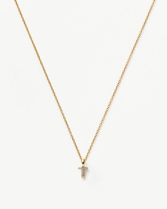 Solid Gold Diamond Initial Mini Pendant Necklace - T | 14ct Solid Yellow Gold Plated/Diamond