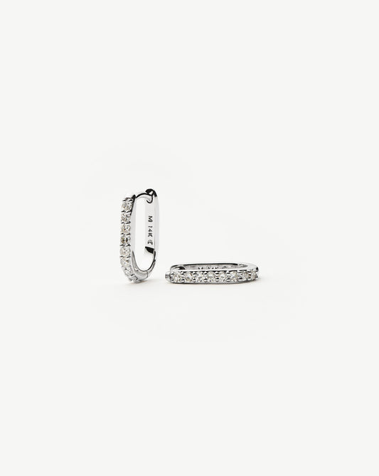 Solid Gold Diamond Ovate Mini Hoop Earrings | 9ct Solid White Gold/Diamond