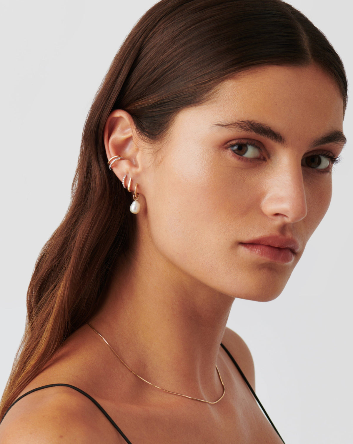 Solid Gold Pearl Drop Mini Hoop Earrings