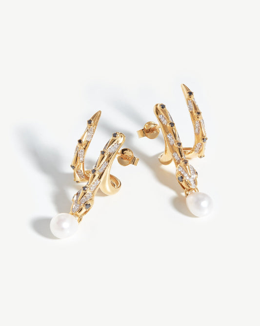 Harris Reed Solid Gold Coiled Serpent Earrings | 14ct Solid Gold/Pearl & Diamond