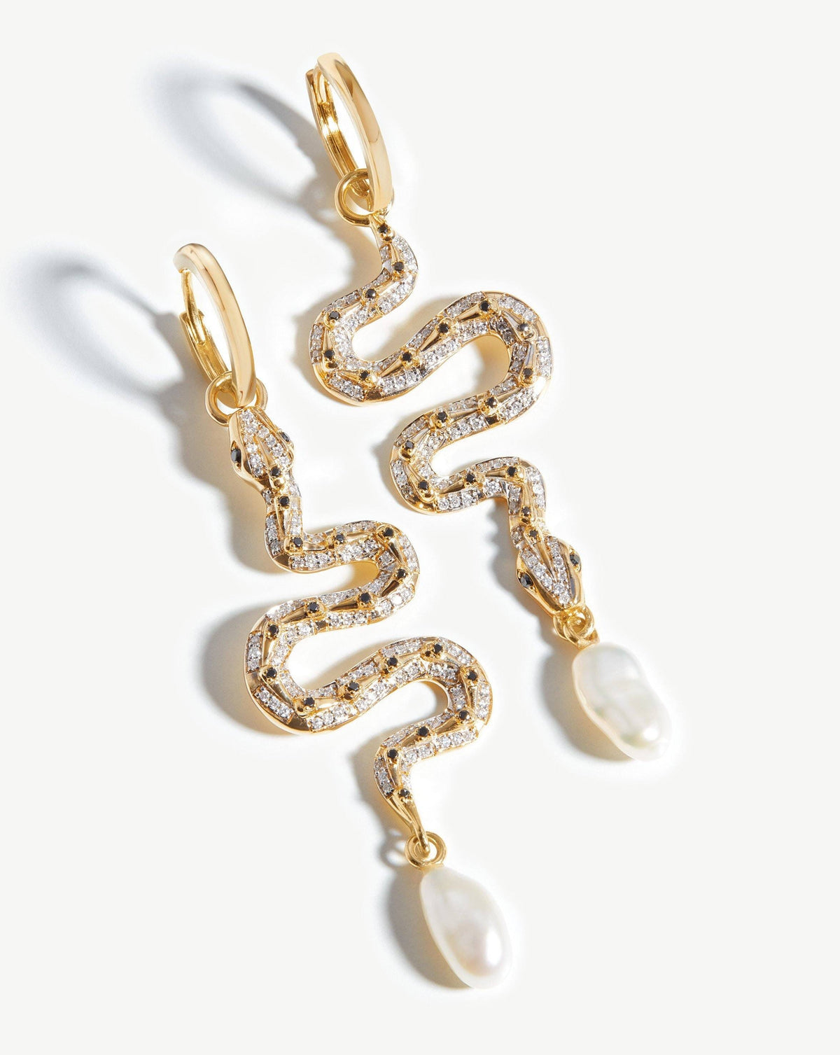 Harris Reed Solid Gold Serpent Drop Earrings | 14ct Solid Gold/Pearl & Diamond