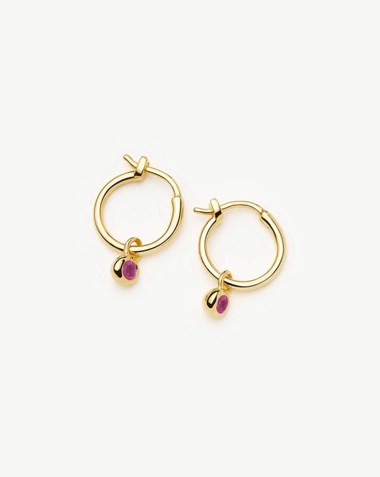 July Birthstone Mini Charm Hoop Earrings | 18ct Gold Plated/Glass Filled Ruby