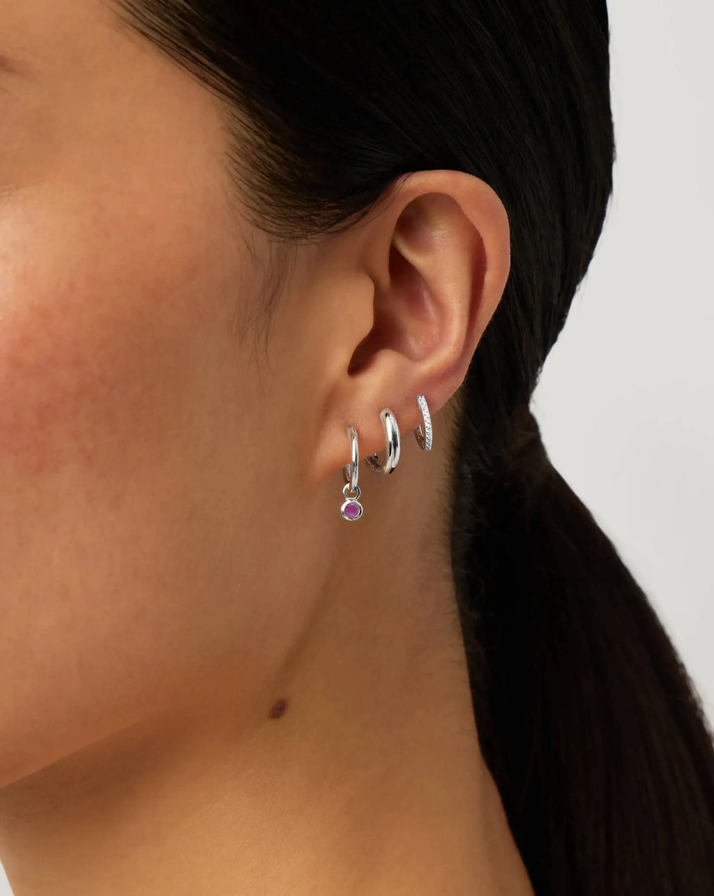 July Birthstone Mini Charm Hoop Earrings | Silver Plated/Glass Filled Ruby