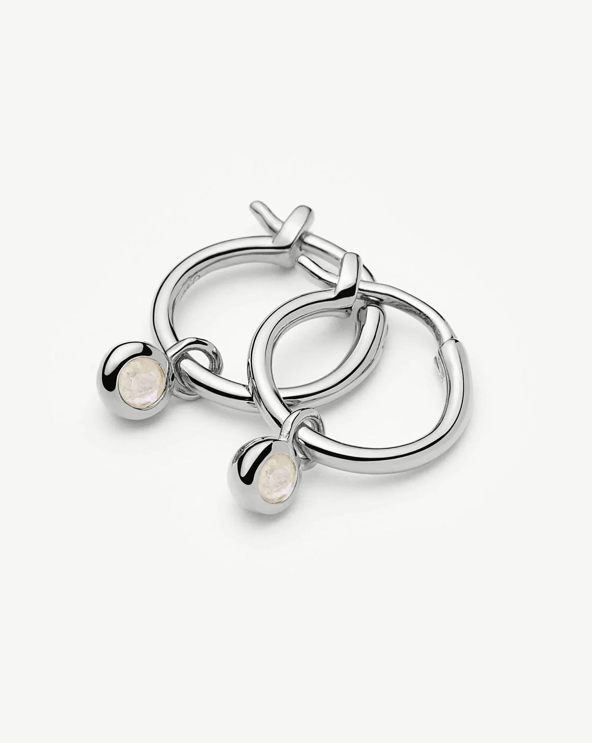 June Birthstone Mini Charm Hoop Earrings | Silver Plated/Rainbow Moonstone