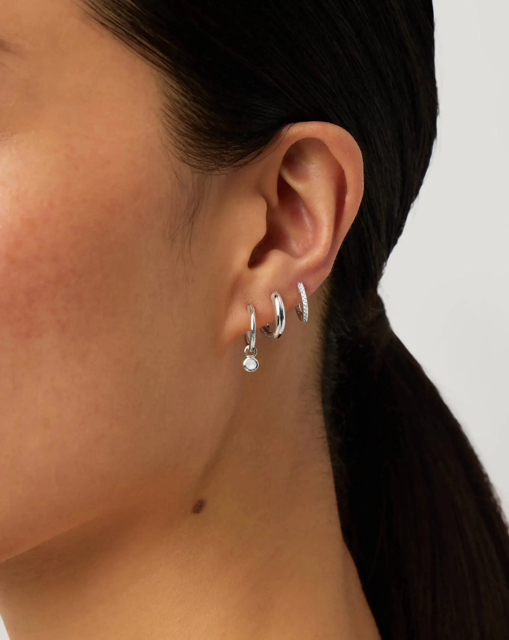 June Birthstone Mini Charm Hoop Earrings | Silver Plated/Rainbow Moonstone
