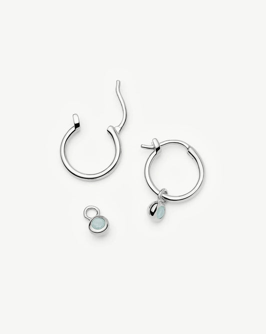March Birthstone Mini Charm Hoop Earrings | Silver Plated/Milky Aquamarine