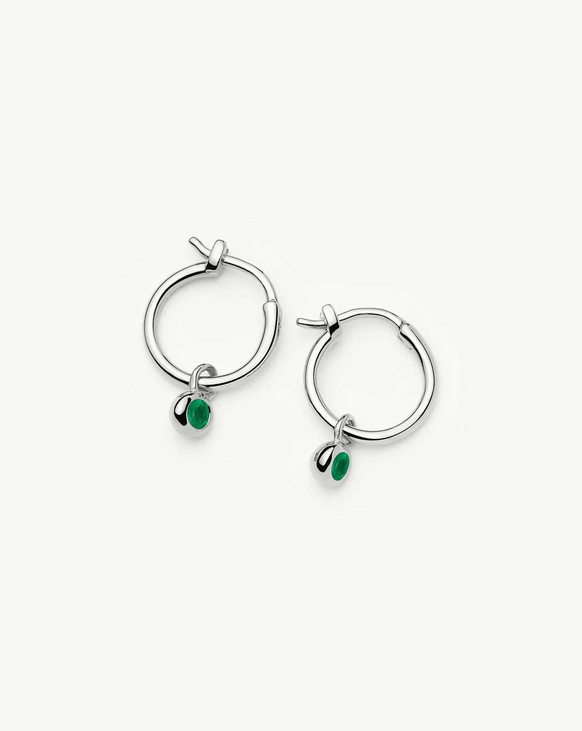 May Birthstone Mini Charm Hoop Earrings | Silver Plated/Green Onyx