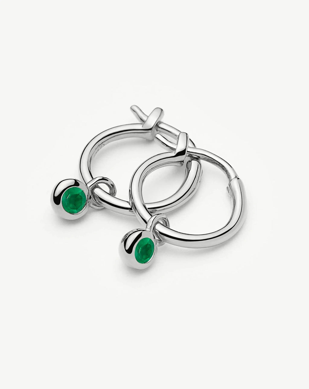 May Birthstone Mini Charm Hoop Earrings | Silver Plated/Green Onyx