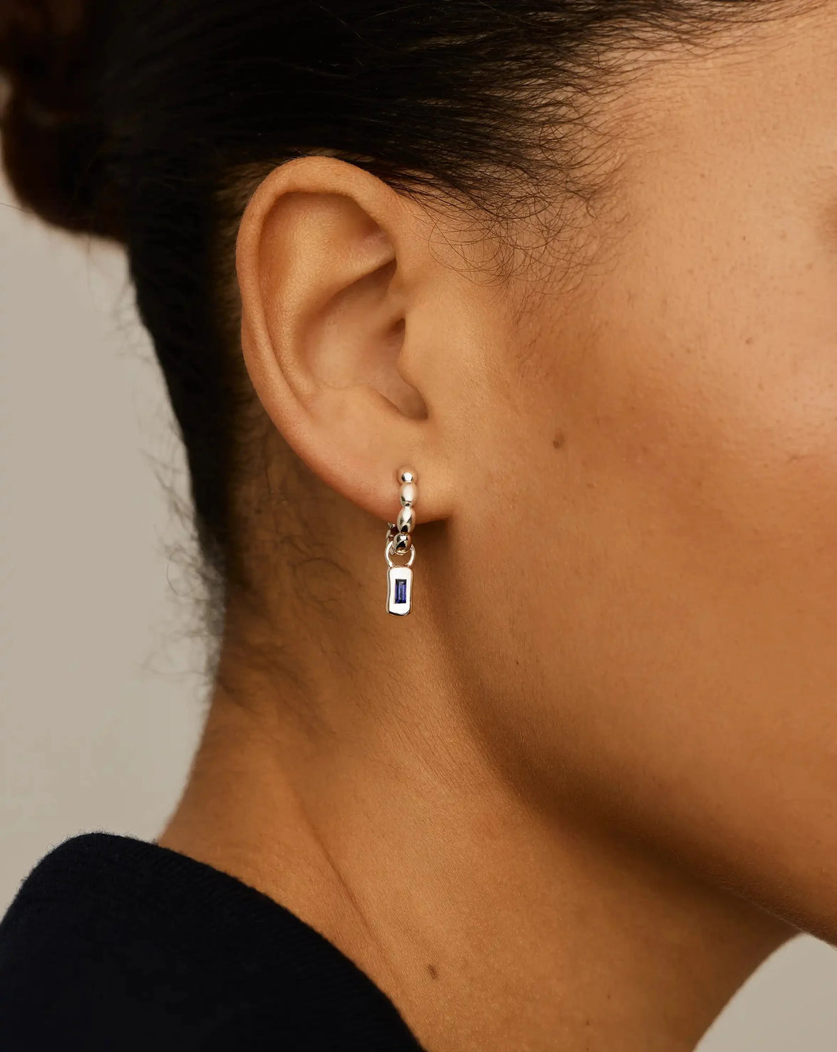 Molten Gemstone Charm Hoop Earrings | Silver Plated/Lab Grown Blue Sapphire