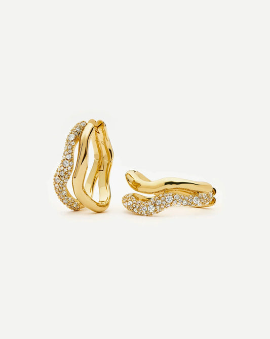 Molten Snow Double Medium Hoop Earrings | 18ct Gold Plated/Cubic Zirconia