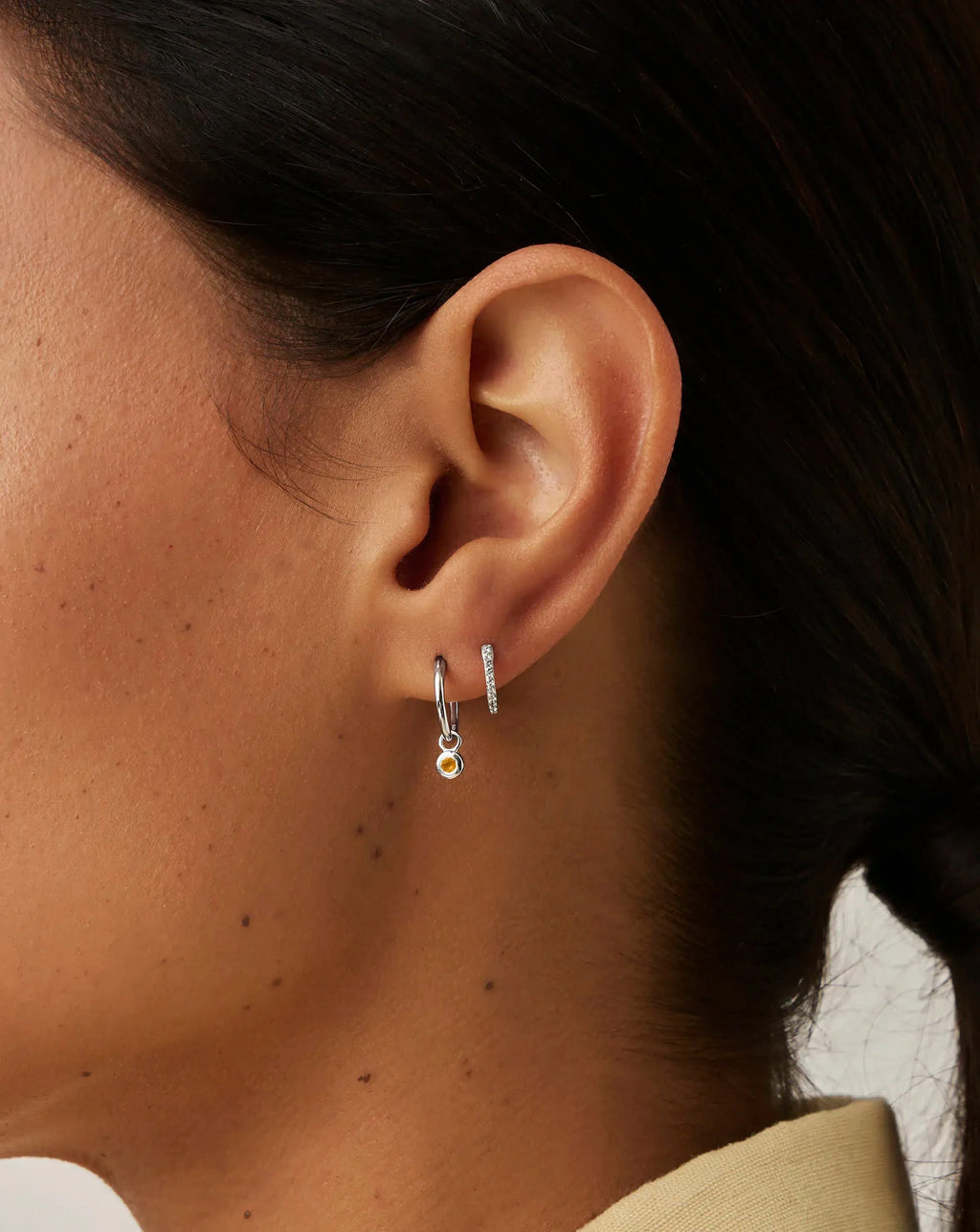 November Birthstone Mini Charm Hoop Earrings | Silver Plated/Citrine