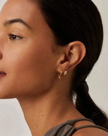 October Birthstone Mini Charm Hoop Earrings | 18ct Gold Plated/Pink Tourmaline