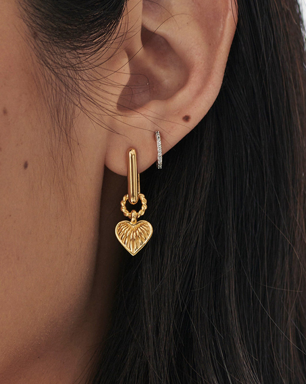 Ridge Heart Charm Earrings | 18ct Gold Plated