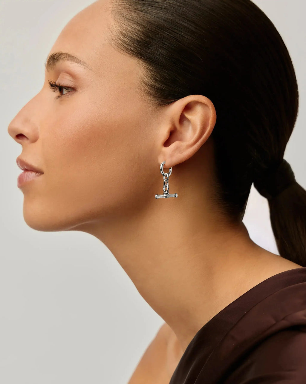 Ridge T-Bar Charm Hoop Earrings | Silver Plated