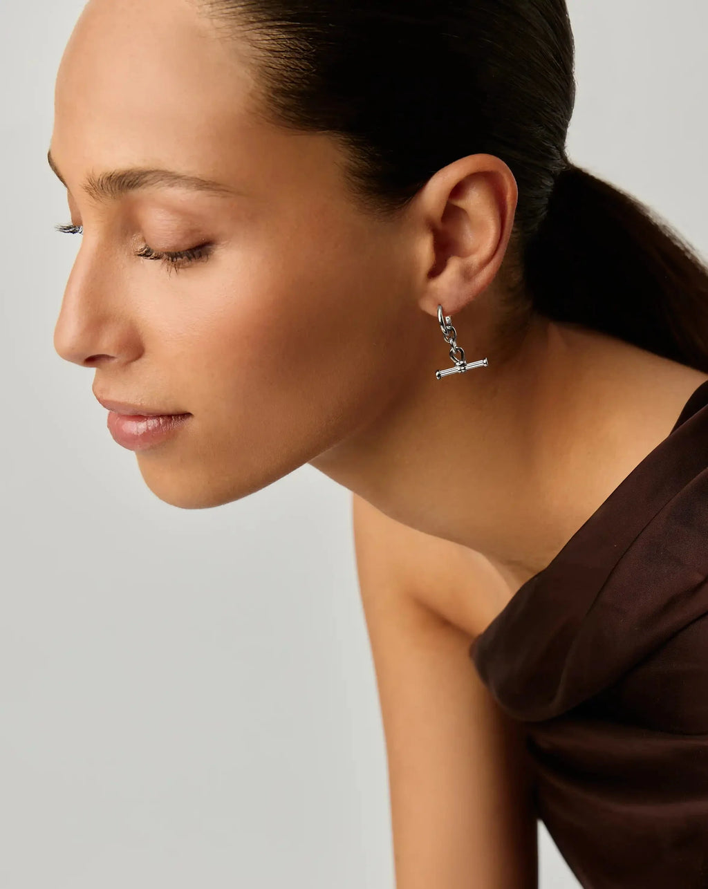 Ridge T-Bar Charm Hoop Earrings | Silver Plated