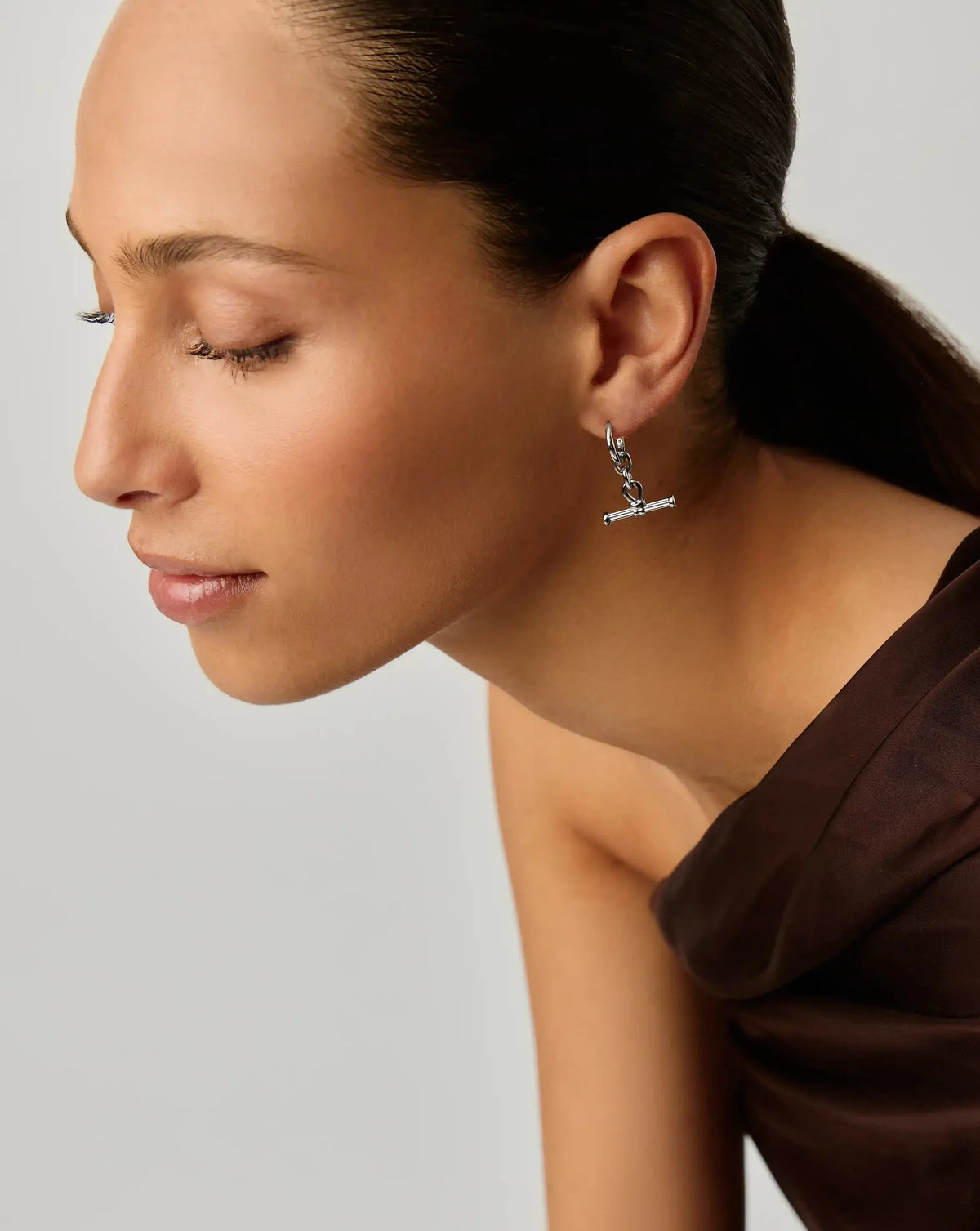Ridge T-Bar Charm Hoop Earrings | Silver Plated