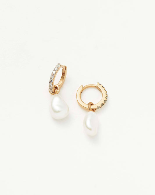 Solid Gold Diamond & Pearl Charm Hoop Earrings | 9ct Solid Yellow Gold/Pearl & Diamond