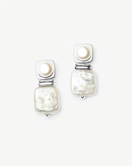 Square Pearl Small Stud Earrings | Silver Plated